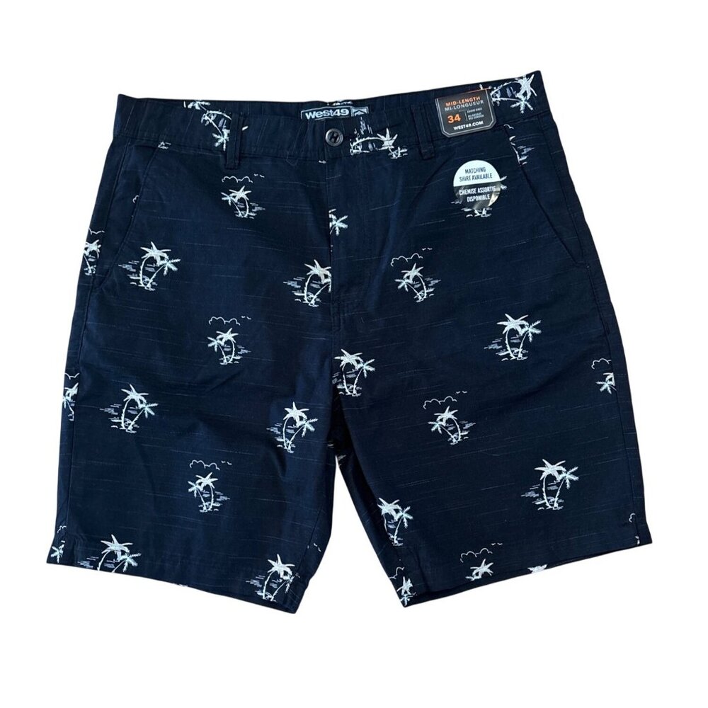West49 Mens Mid-Length Navy Palm Tree Print Shorts Size 34